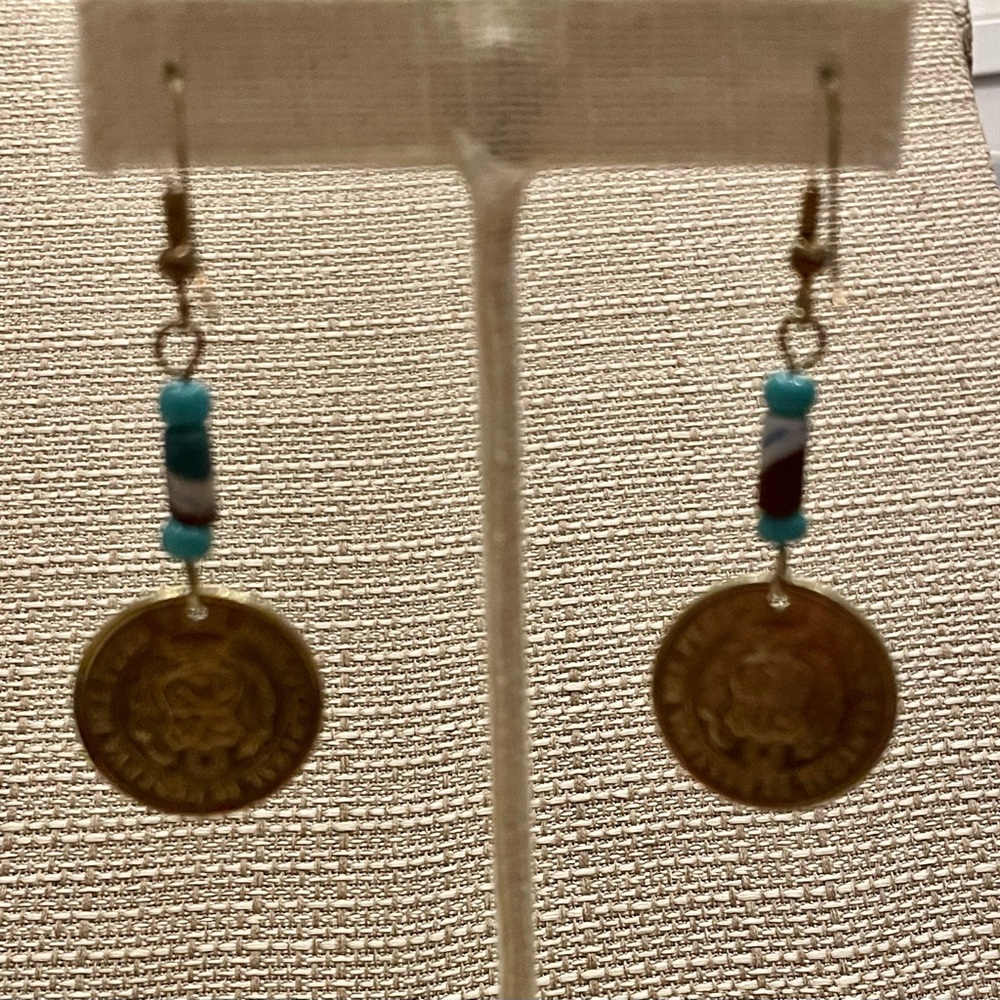 Handmade Peru coin earrings estate find cool fun